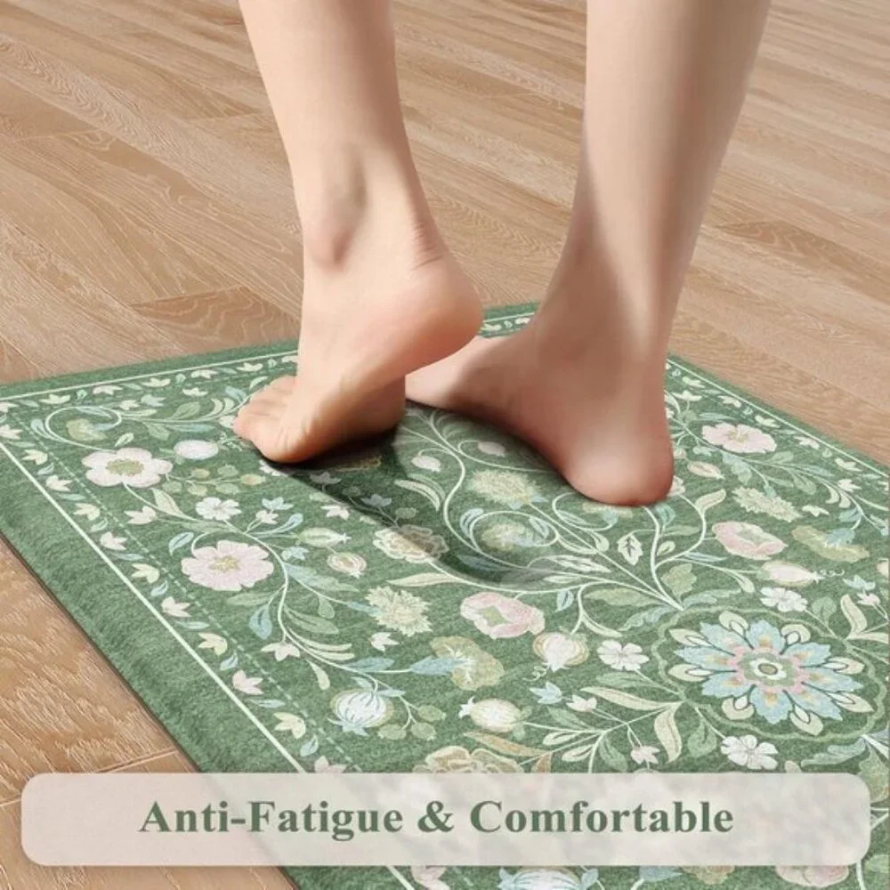 New 2Pcs Cushioned Kitchen Mats, Non-Slip Floral Anti-Fatigue Rugs in Green